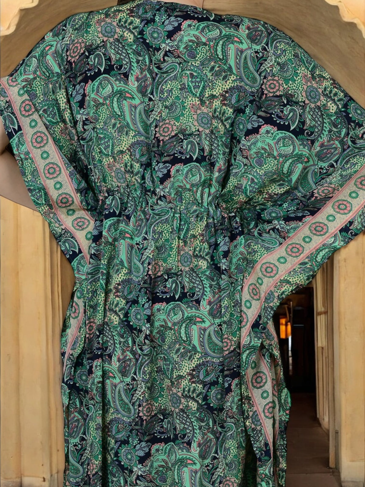 Women's Silk Kaftan Dress in green paisley