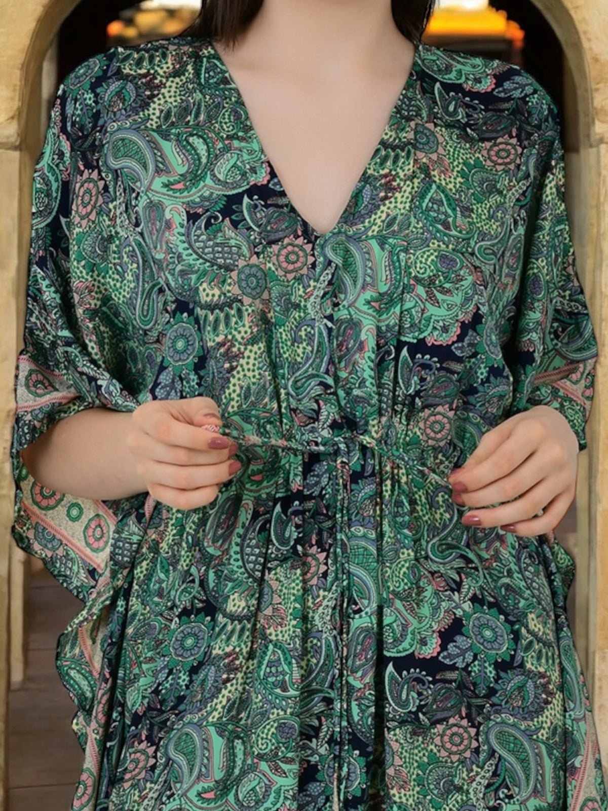 Women's Silk Kaftan Dress in green paisley