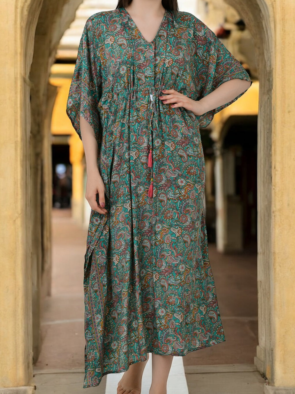 Women's Silk Kaftan Dress in teal green paisley