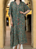 Women's Silk Kaftan Dress in teal green paisley