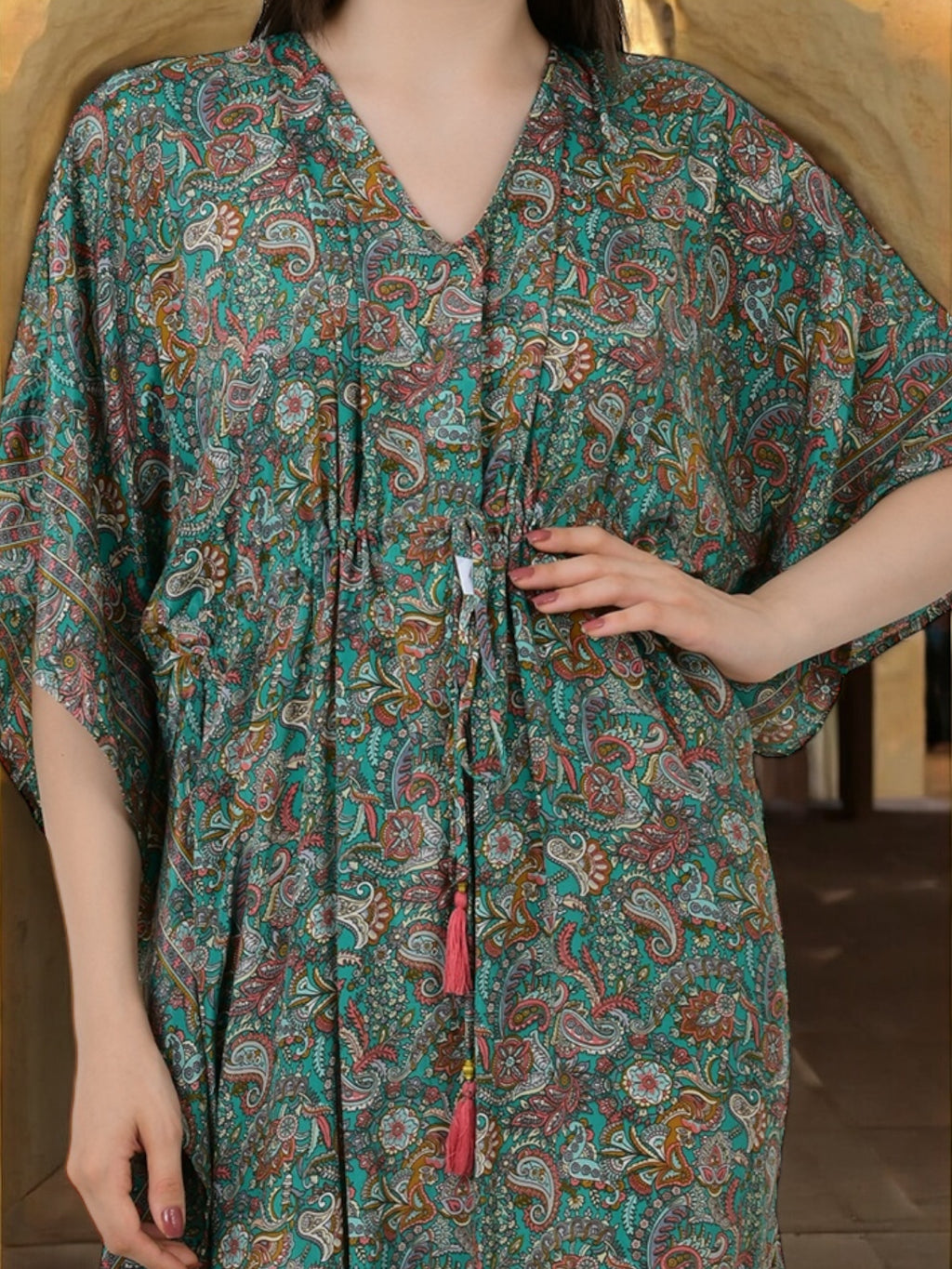 Women's Silk Kaftan Dress in teal green paisley