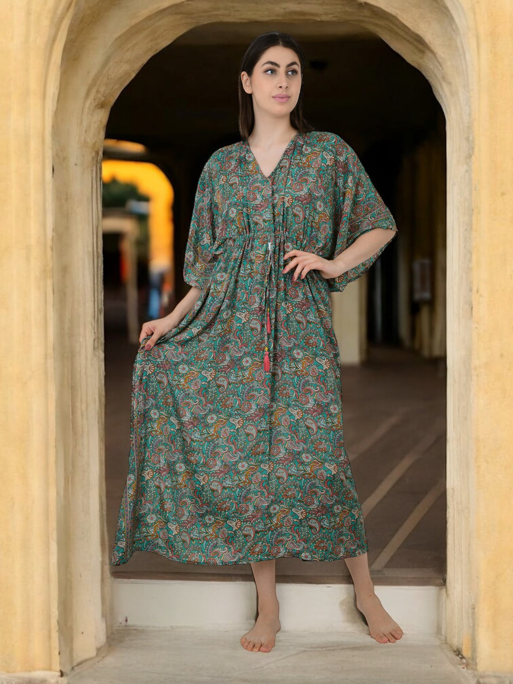 Women's Silk Kaftan Dress in teal green paisley