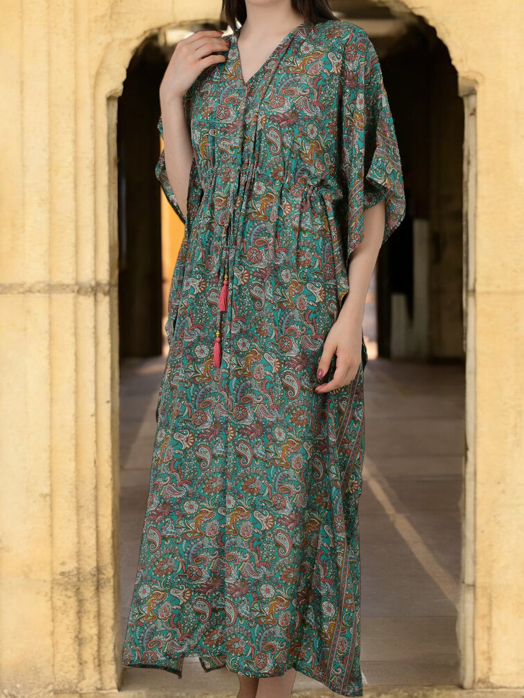 Women's Silk Kaftan Dress in teal green paisley