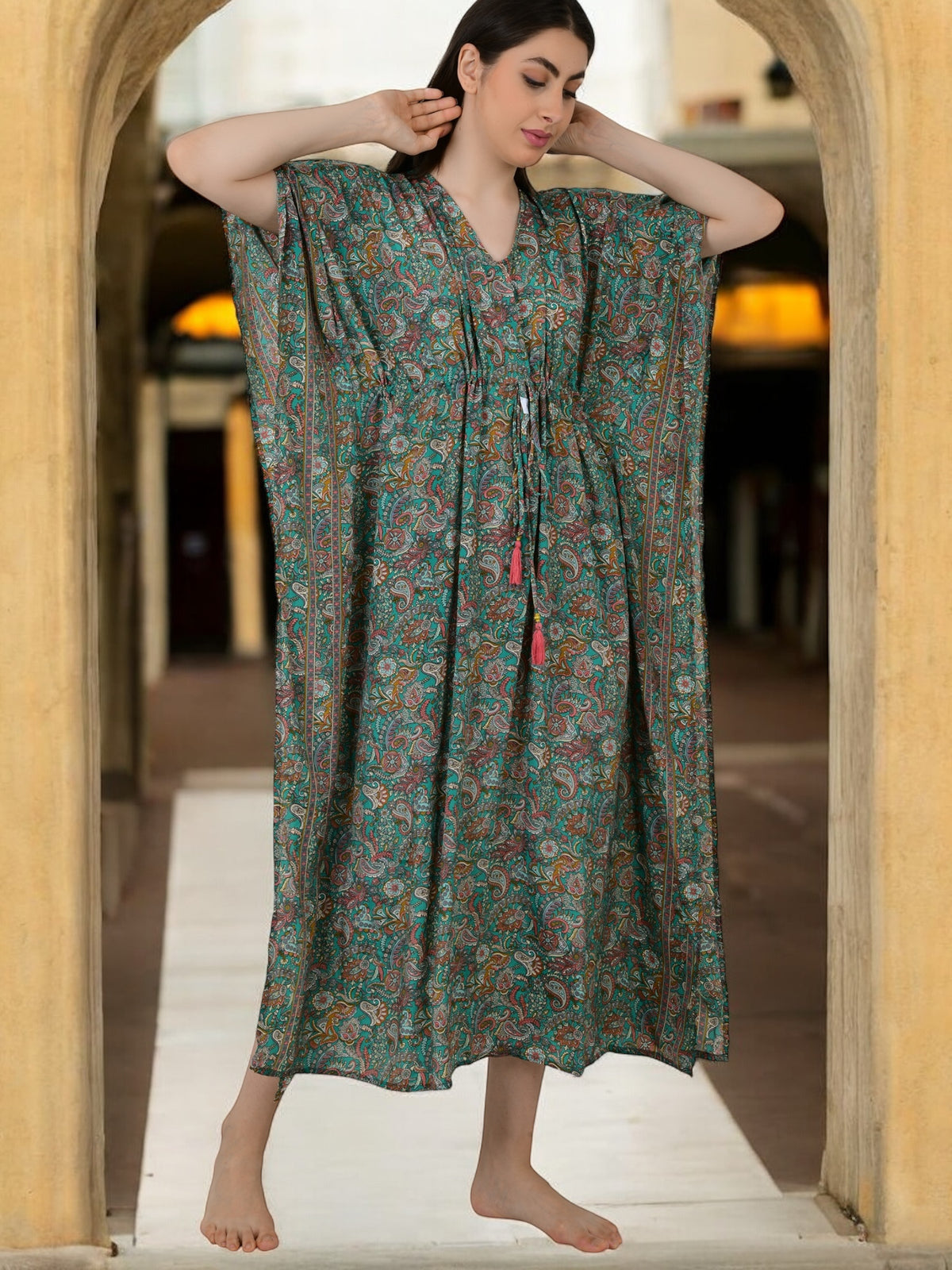 Women's Silk Kaftan Dress in teal green paisley