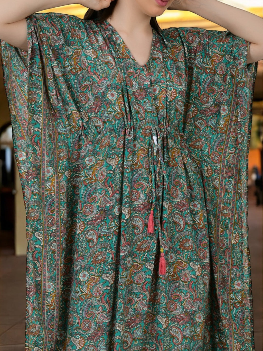 Women's Silk Kaftan Dress in teal green paisley