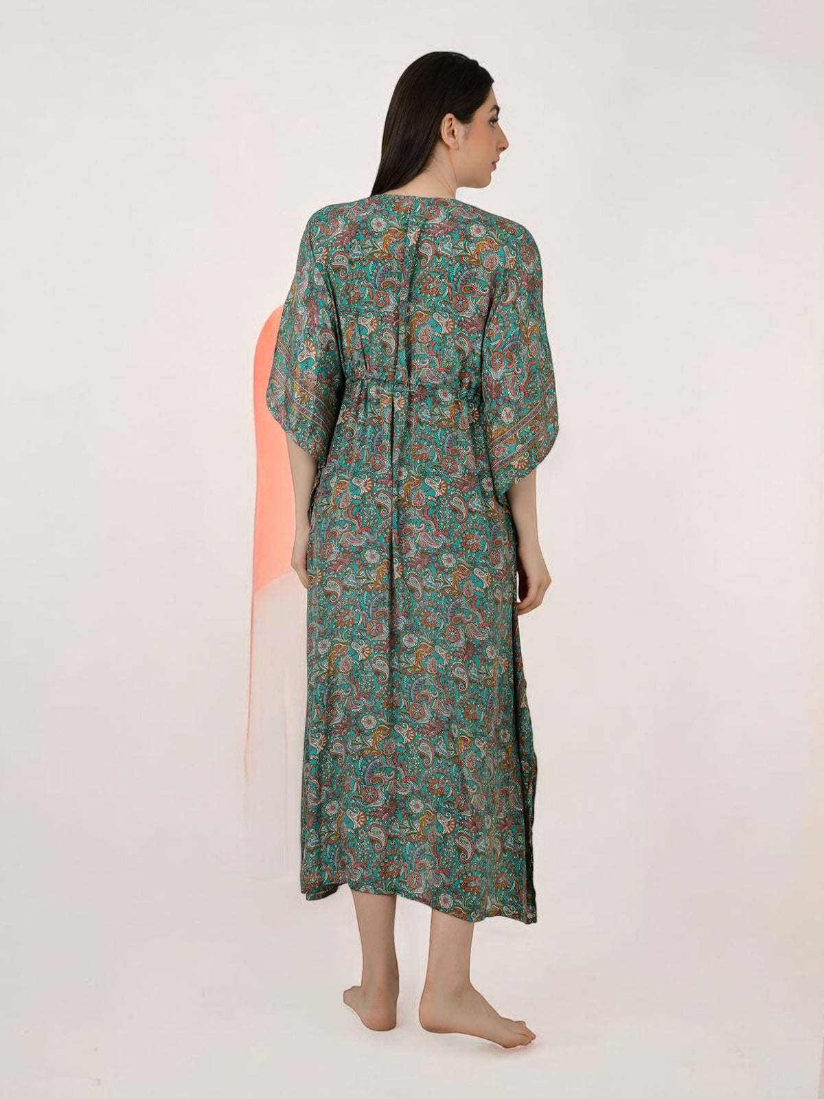 Women's Silk Kaftan Dress in teal green paisley