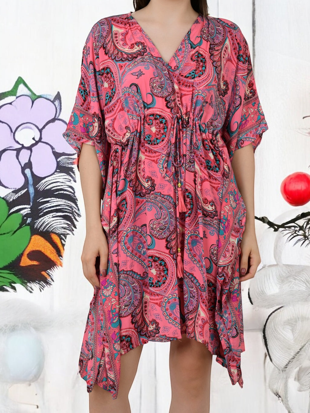 Women Silk Kaftan | Pink Paisley Caftan #1625