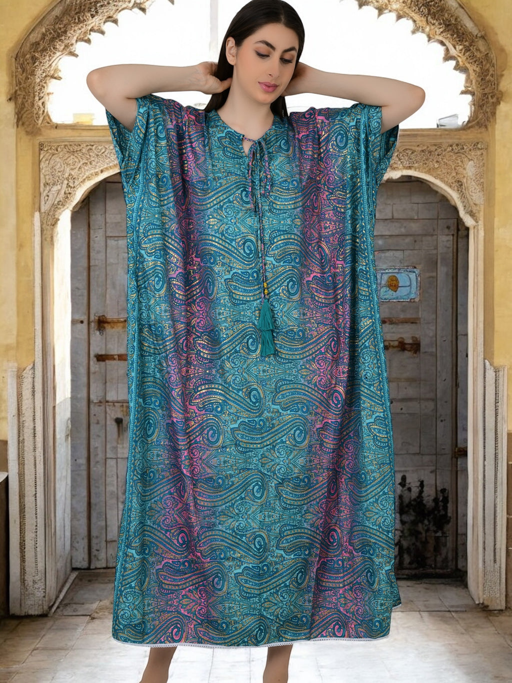 Silk Long Kaftan | Blue Pink Ombre Paisley #1626