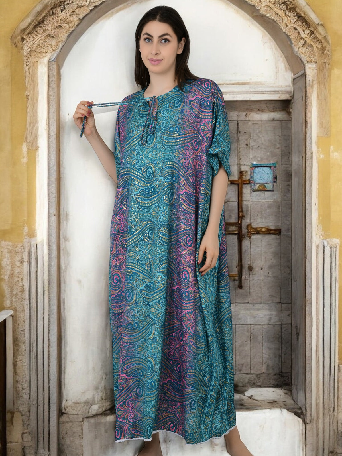 Silk Long Kaftan | Blue Pink Ombre Paisley #1626