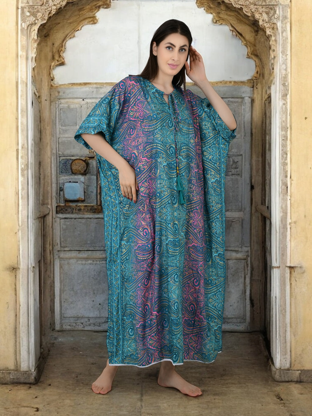 Silk Long Kaftan | Blue Pink Ombre Paisley #1626