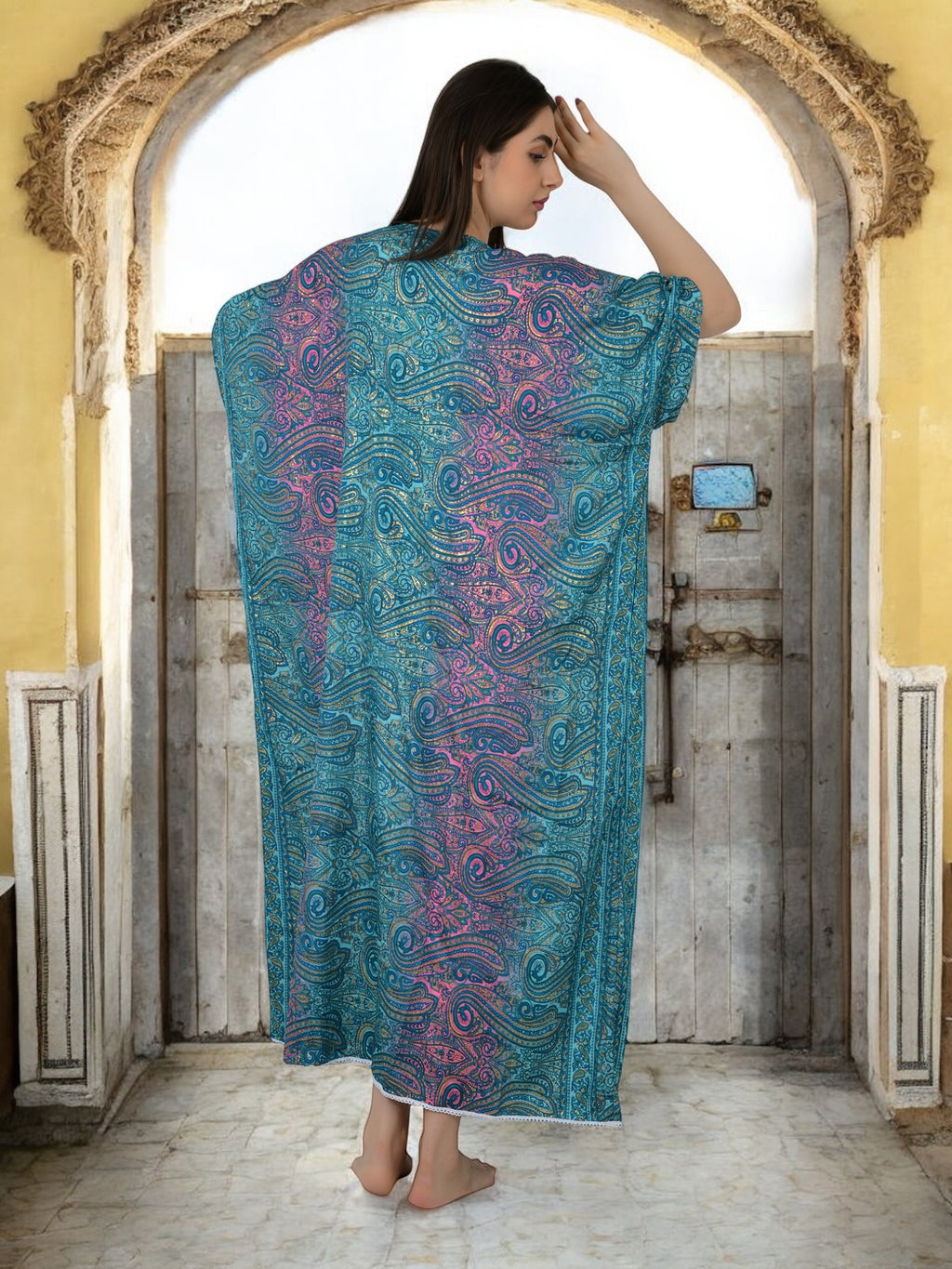 Silk Long Kaftan | Blue Pink Ombre Paisley #1626
