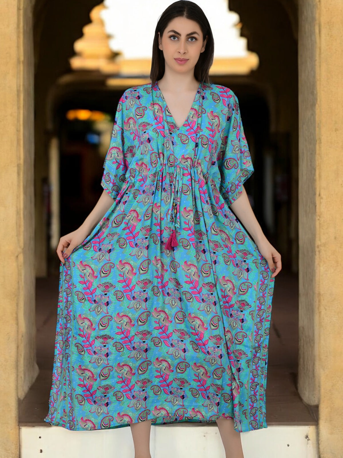 Silk Long Kaftan in blue pink floral