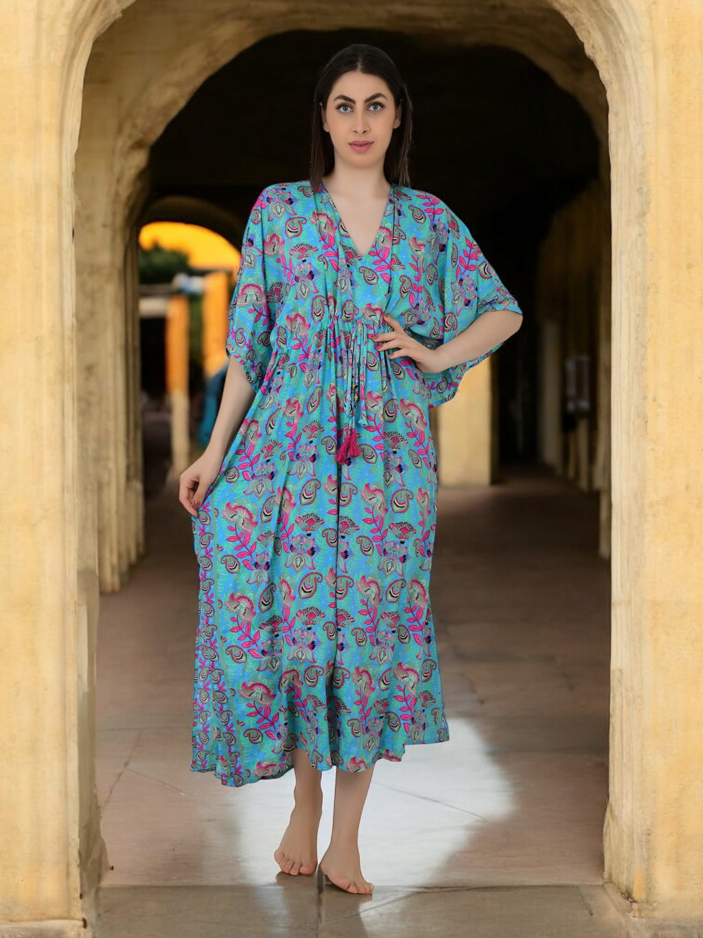 Silk Long Kaftan in blue pink floral