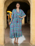 Silk Long Kaftan in blue pink floral