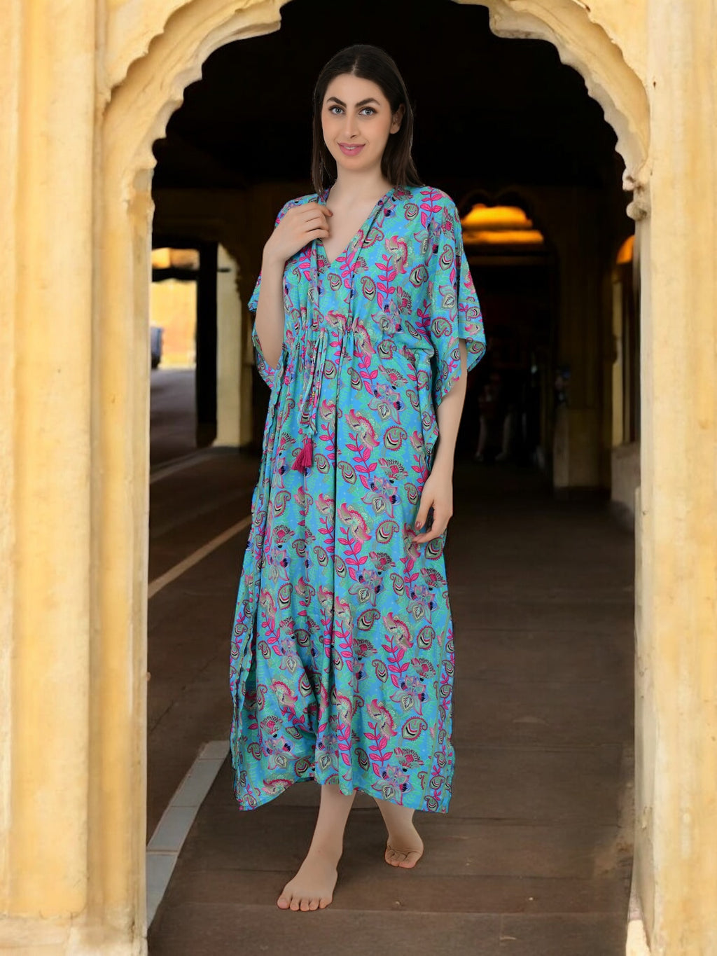 Silk Long Kaftan in blue pink floral