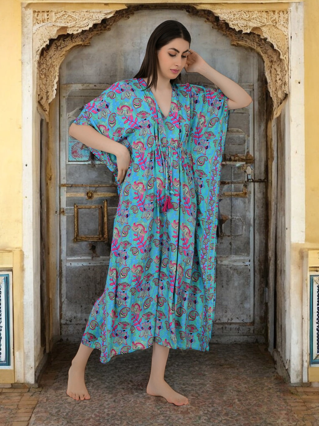 Silk Long Kaftan in blue pink floral