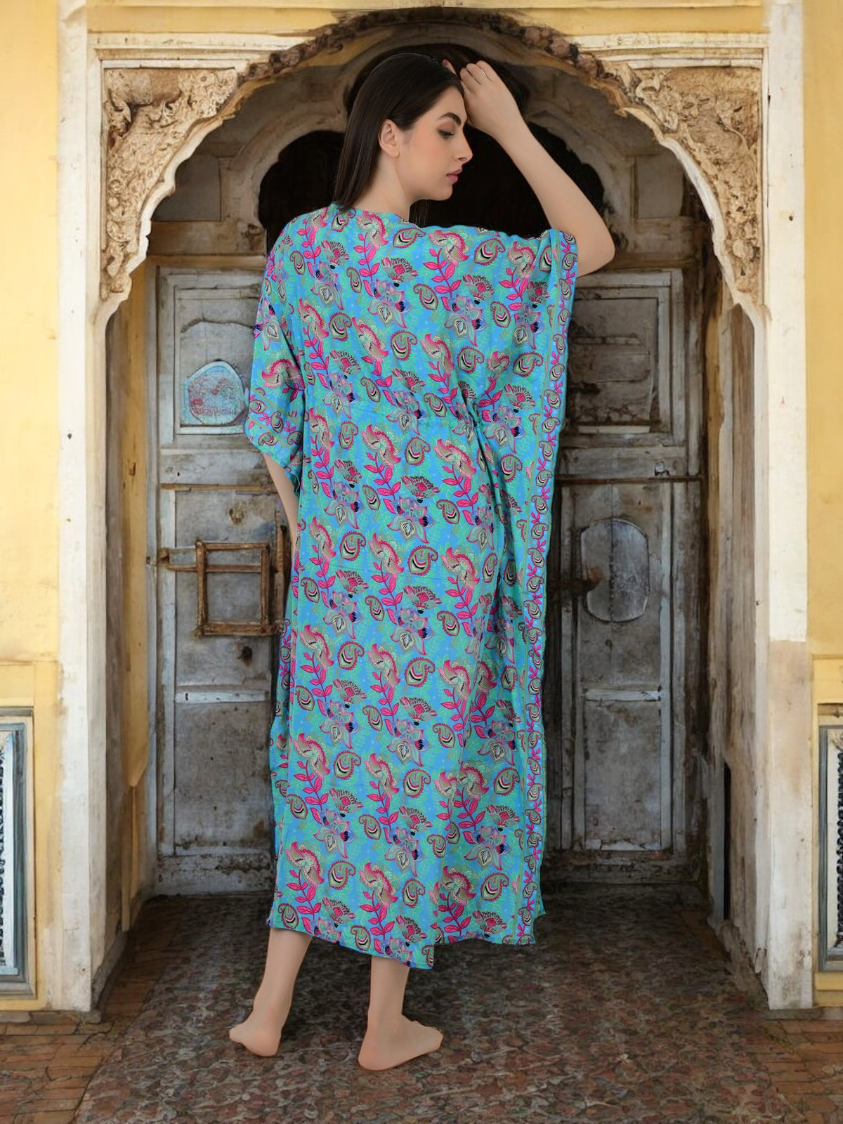 Silk Long Kaftan | Blue Pink Floral Caftan #1627