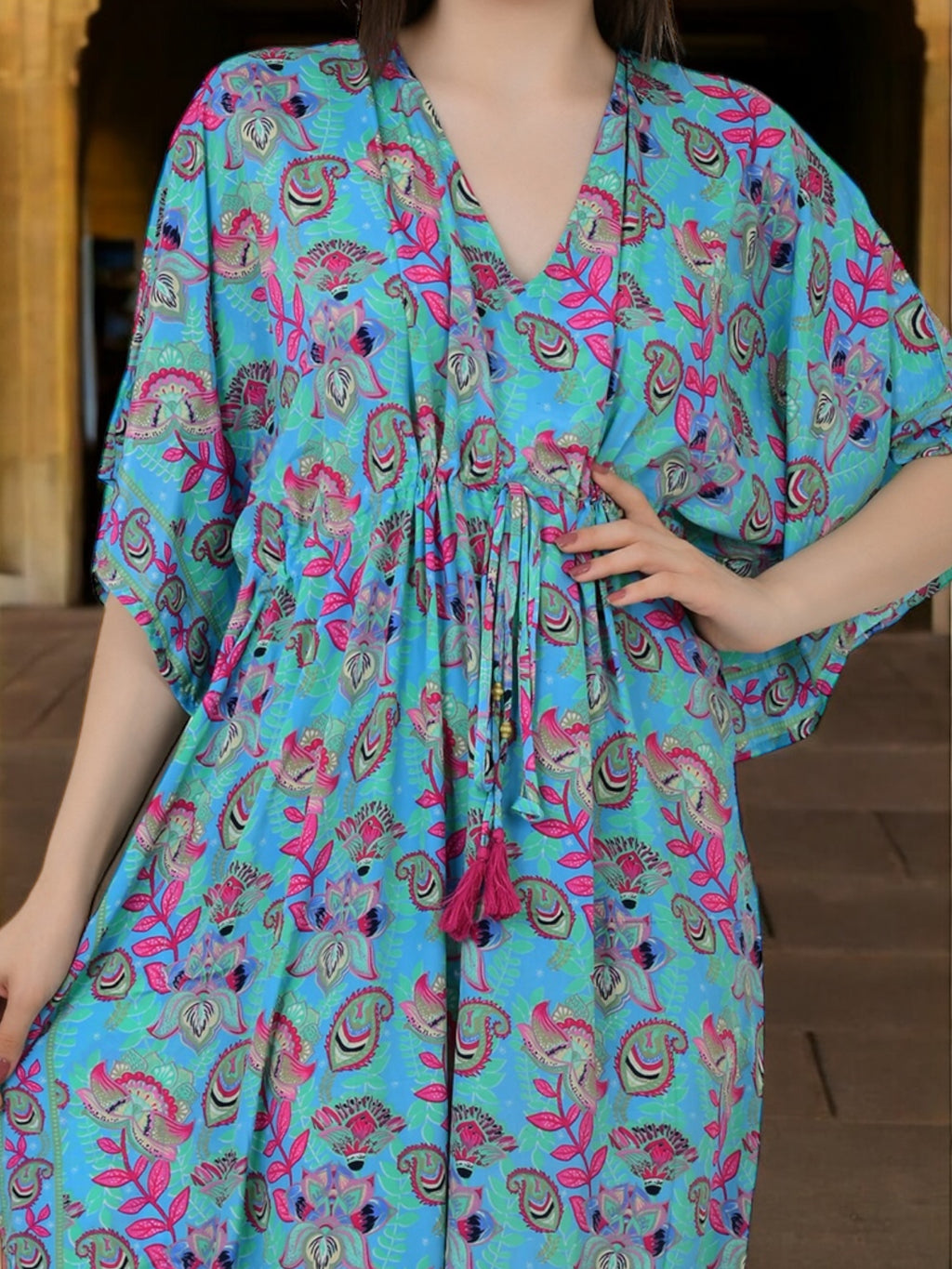 Silk Long Kaftan in blue pink floral