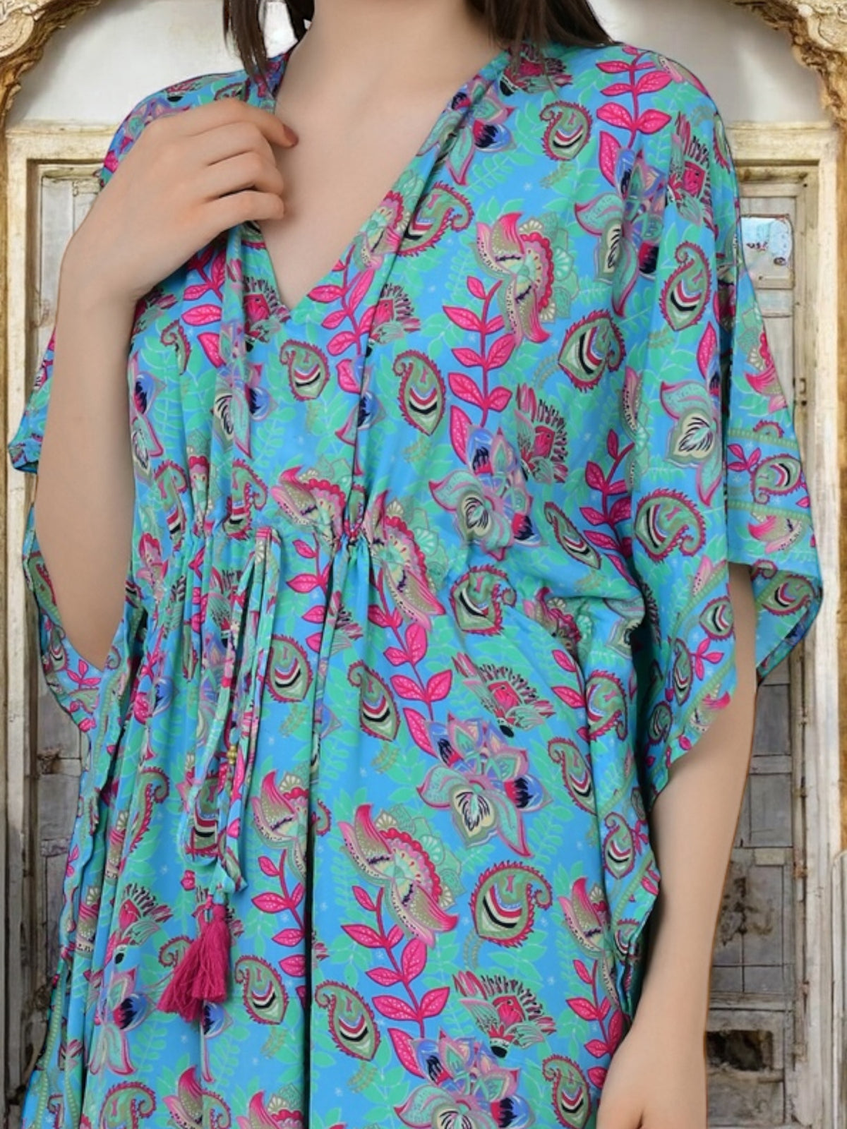 Silk Long Kaftan in blue pink floral