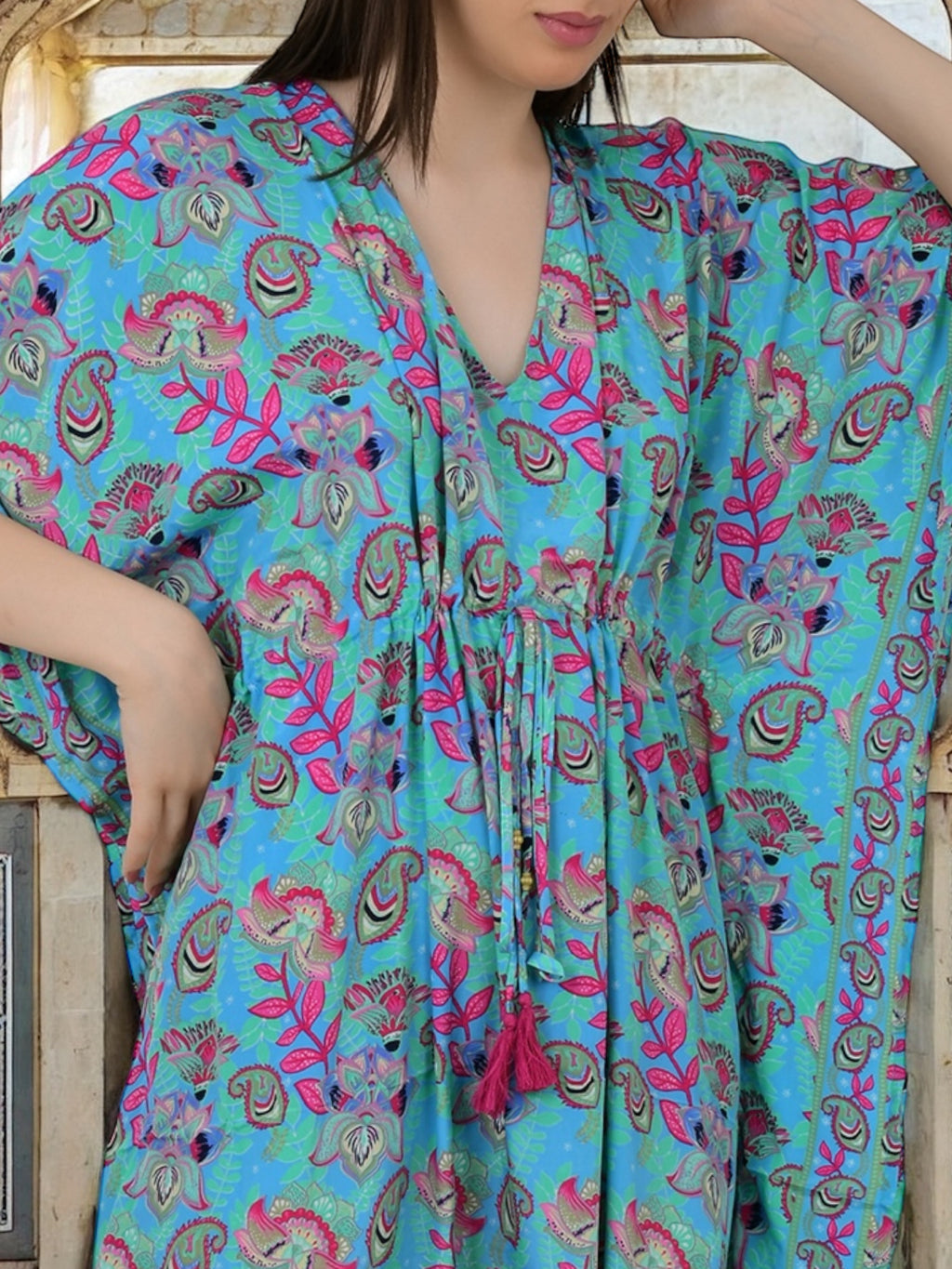 Silk Long Kaftan in blue pink floral
