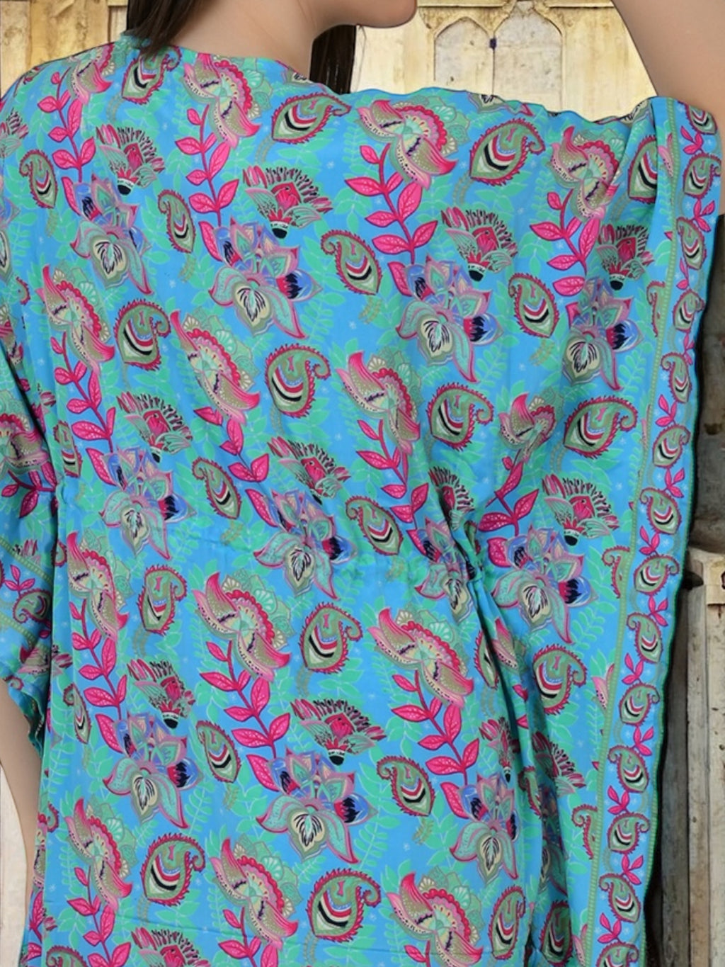 Silk Long Kaftan in blue pink floral