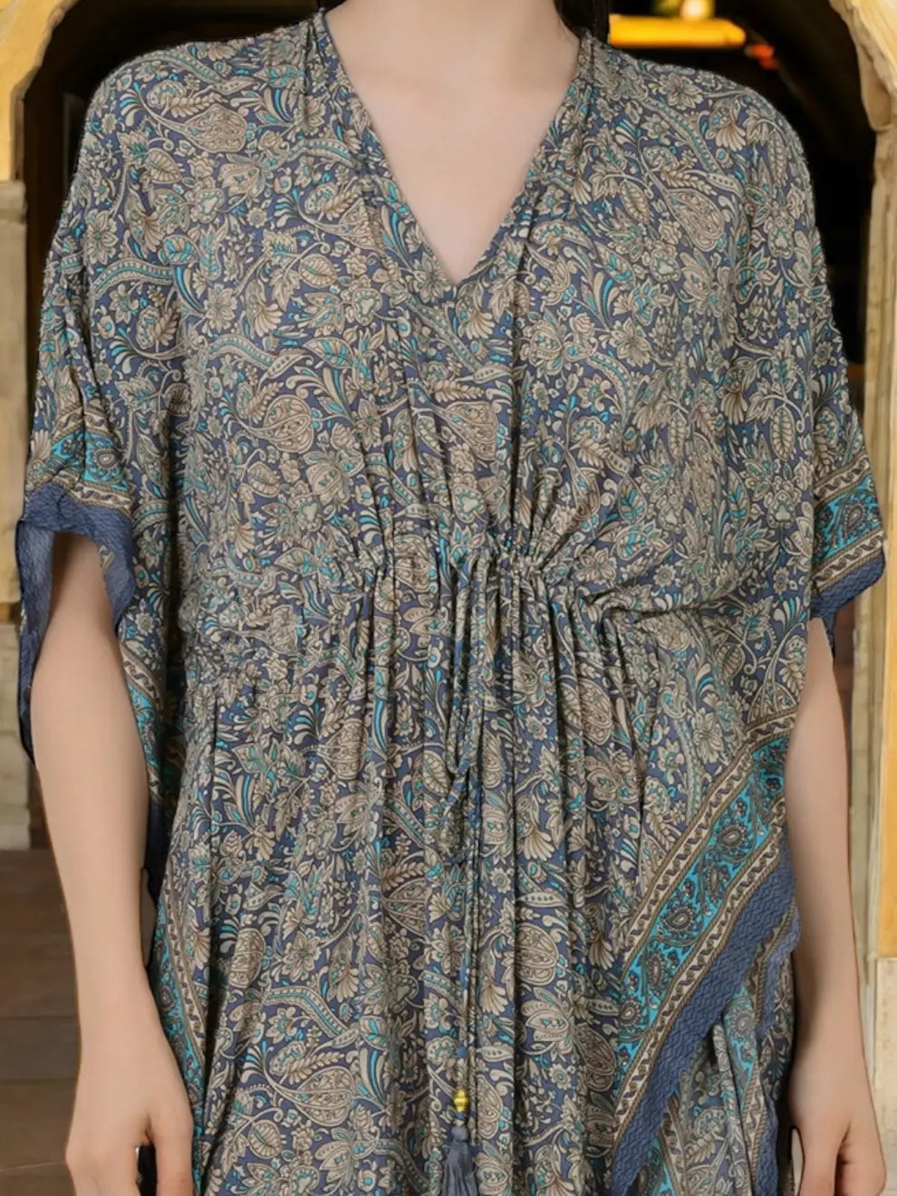 Silk Long Kaftan | Soft Amber Floral #1628