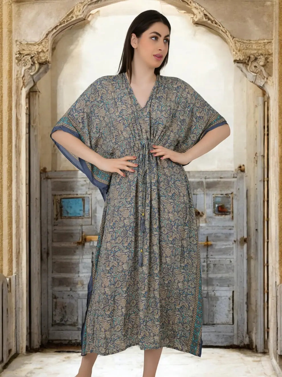 Silk Long Kaftan | Soft Amber Floral #1628