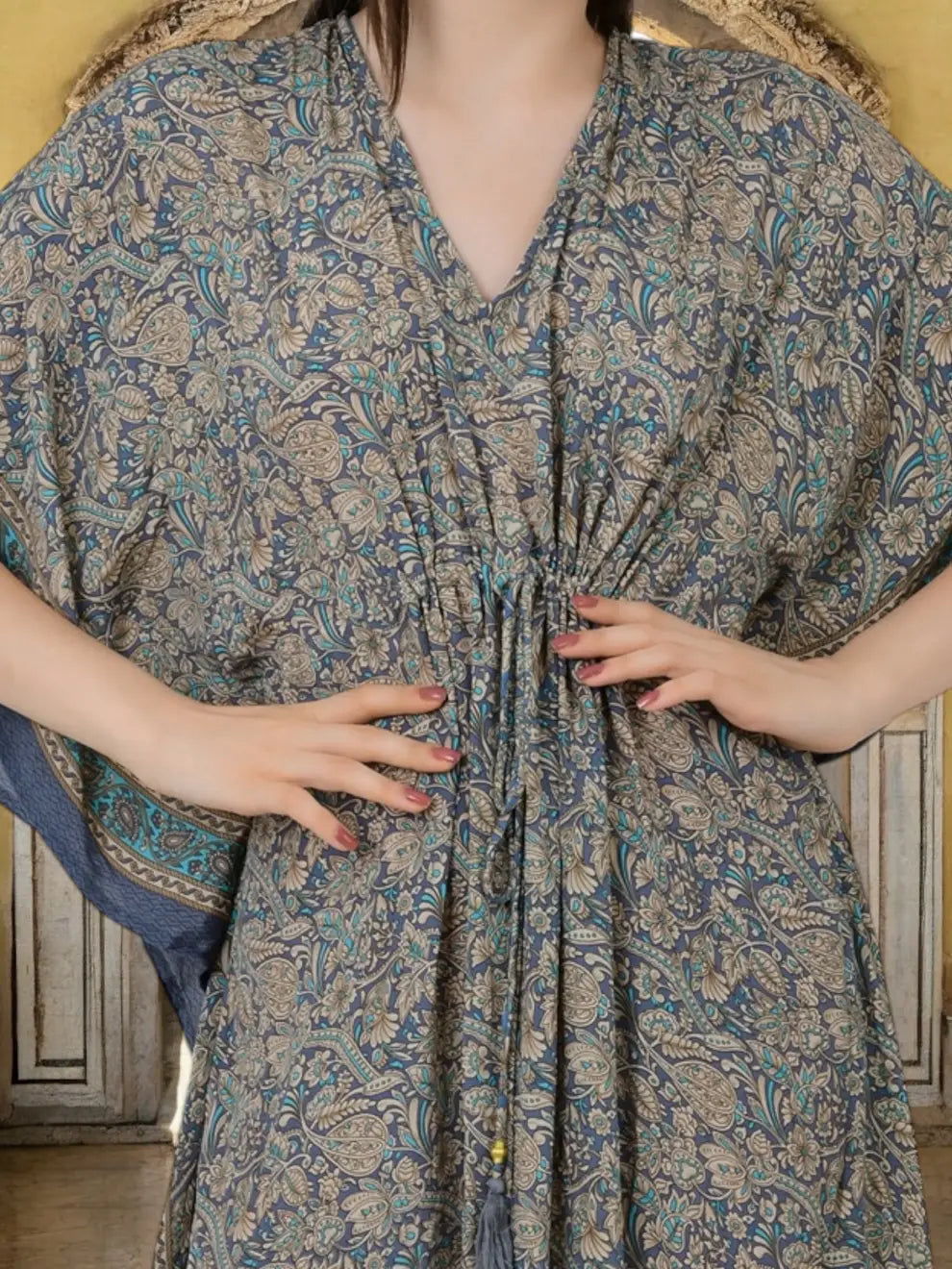 Silk Long Kaftan | Soft Amber Floral #1628