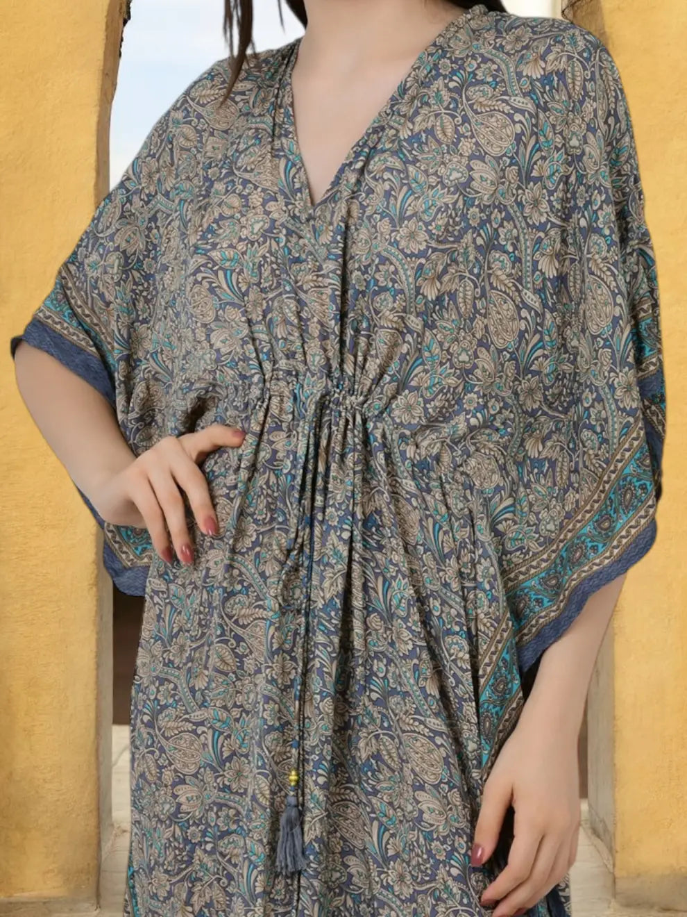 Silk Long Kaftan | Soft Amber Floral #1628