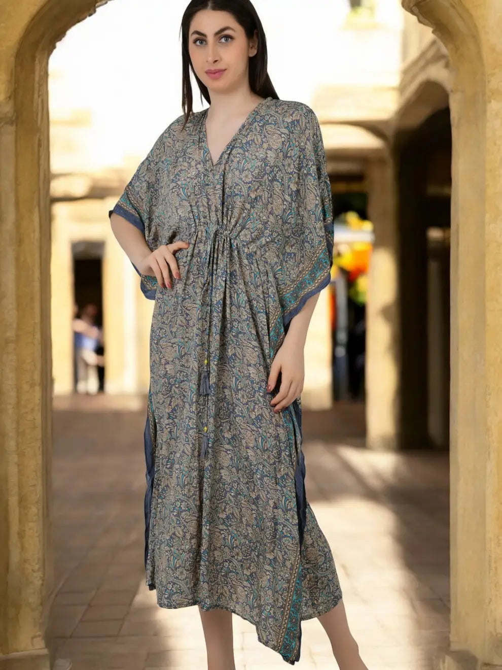 Silk Long Kaftan | Soft Amber Floral #1628