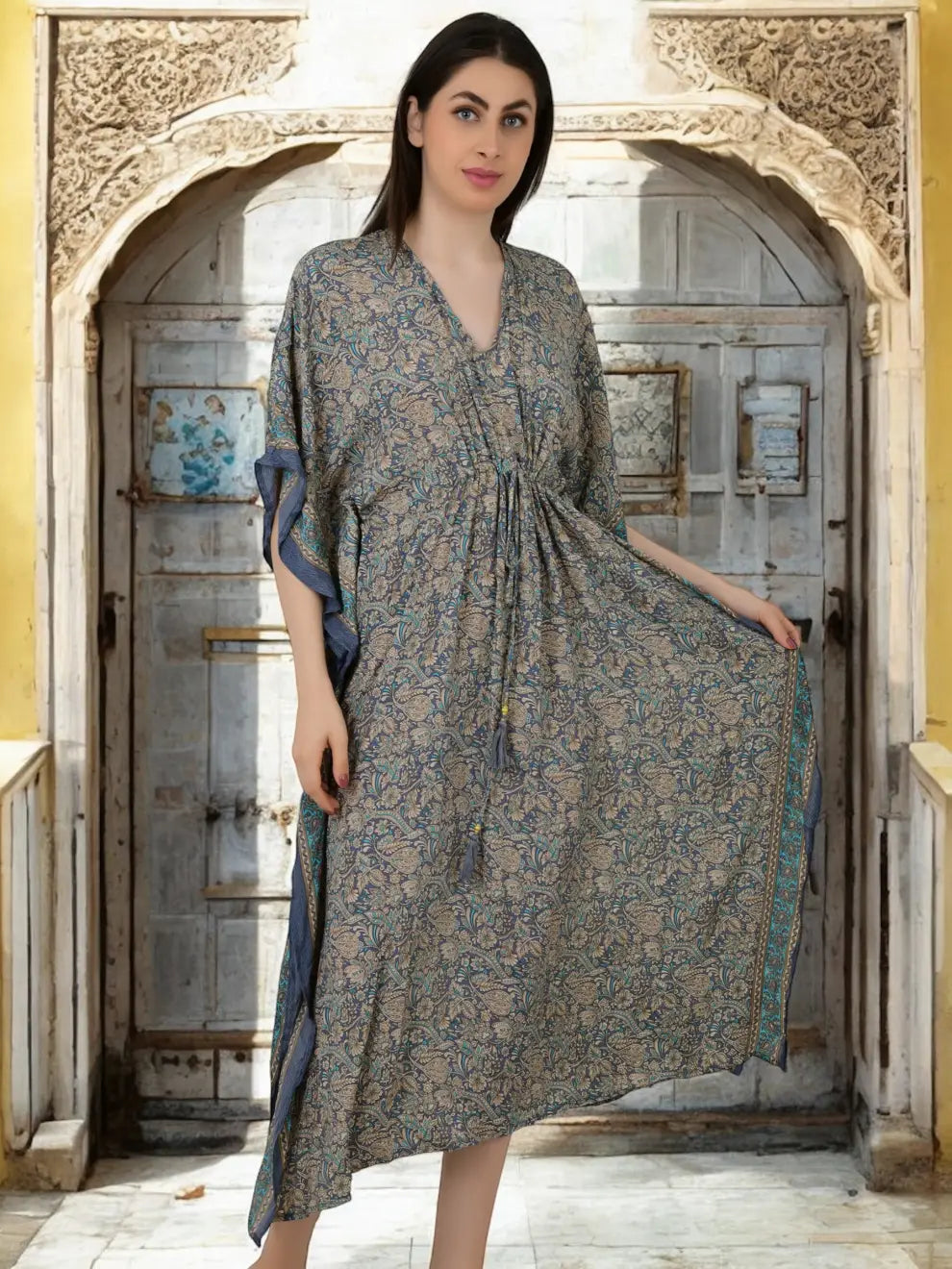 Silk Long Kaftan | Soft Amber Floral #1628