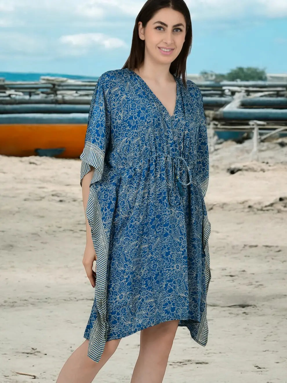 Silk Short Kaftan | Blue Gold Floral #1629