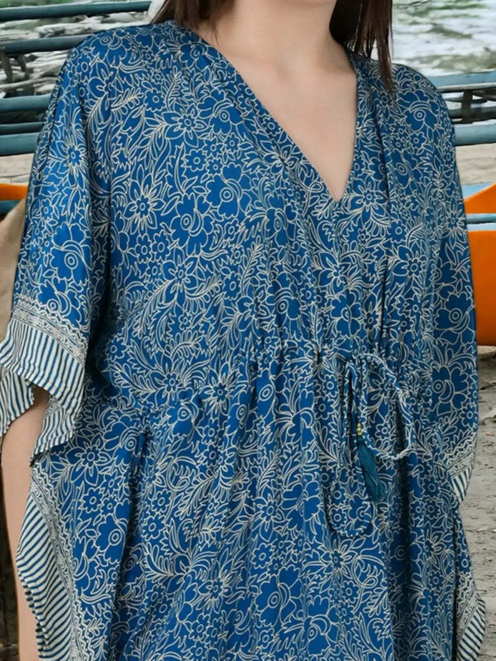 Silk Short Kaftan | Blue Gold Floral #1629