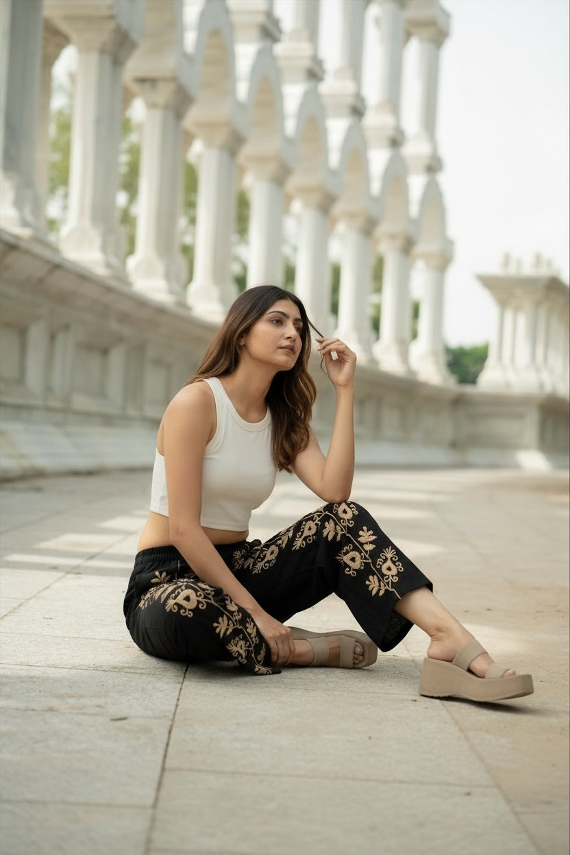 Women's Suzani embroidered Cotton Pajama Pants in floral