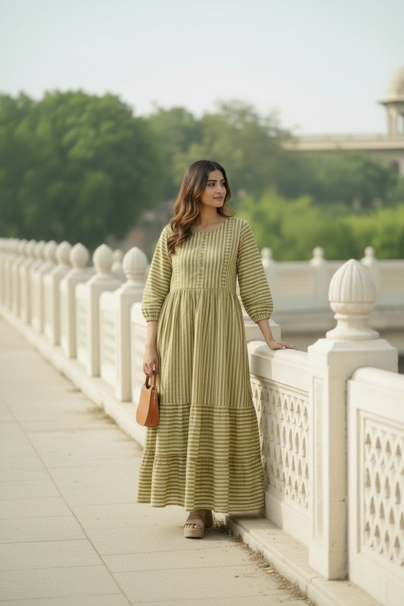 Women Cotton Midi Dress, Hand Block Printed Stripes Dress, Boho Chic Flowy Gown, Long Sleeves With Pockets, Flowy Sustainable Gift For Her