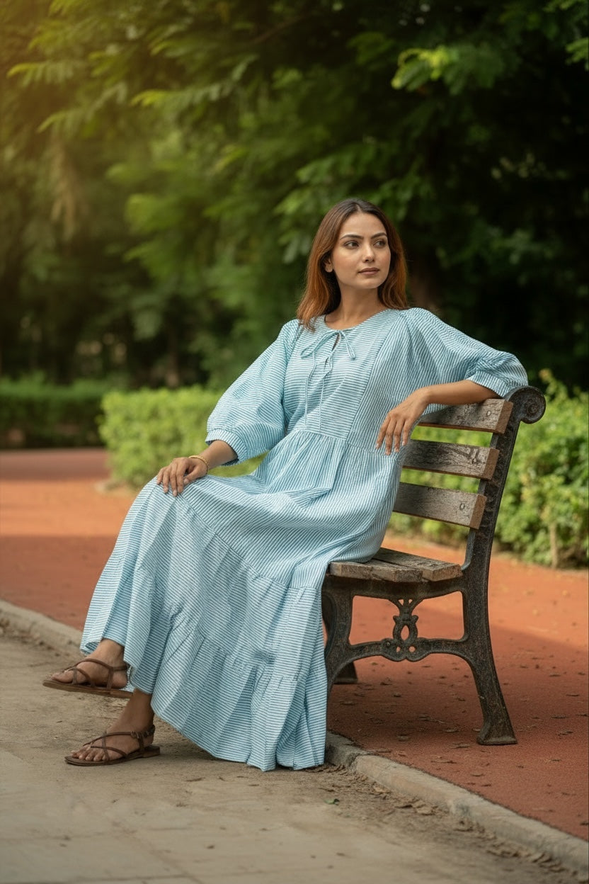 Cotton Midi Dress Stripe Hand Block Print | Boho Summer Sundress with Pockets, Artisan Style Beach Vacation Wear, Bridesmaid Gift for Her