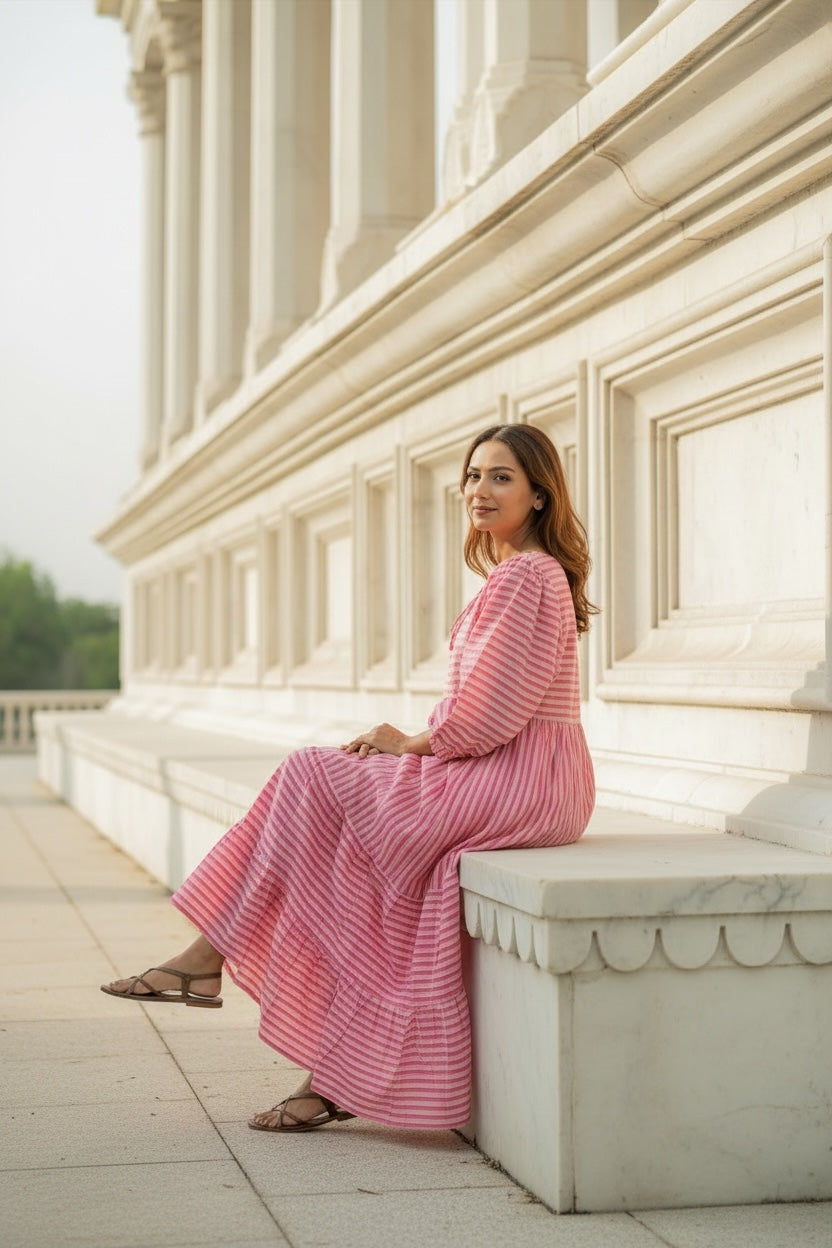 Cotton Midi Dress Stripe Hand Block Print | Boho Oversized Long Sleeves Loose Fit Dress with Pockets, Artisan Style Bridesmaid Gift for Her