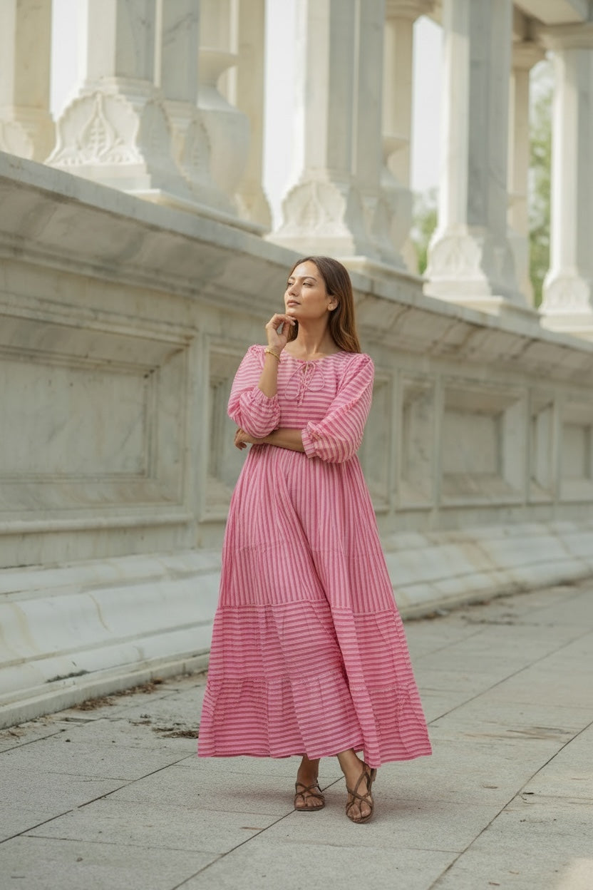 Cotton Midi Dress Stripe Hand Block Print | Boho Oversized Long Sleeves Loose Fit Dress with Pockets, Artisan Style Bridesmaid Gift for Her