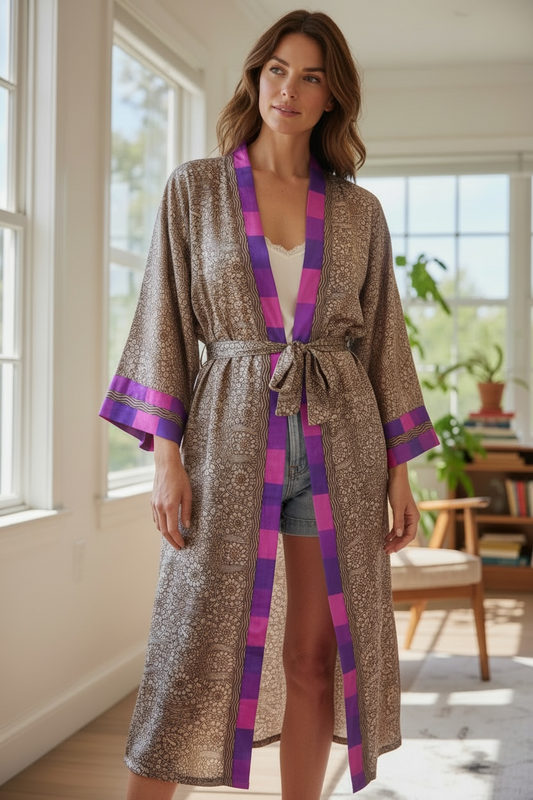 Recycle Silk Sari Women Kimono | Boho Chic Beach Cover Up Vintage Lounge Dressing Robe l Resort Wear Regal Gypsy House Robe | Brown Floral