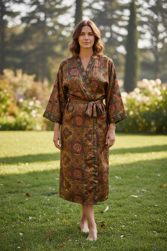 Recycle Silk Sari Women Kimono | Boho Chic Beach Cover Up Vintage Lounge Dressing Robe l Resort Wear Regal Gypsy House Robe | Yellow Floral