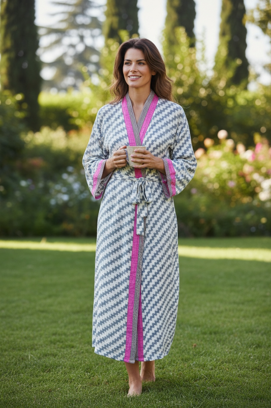 Recycle Silk Sari Women Kimono | Boho Chic Beach Cover Up Vintage Lounge Dressing Robe l Resort Wear Regal Gypsy House Robe, White Geometric