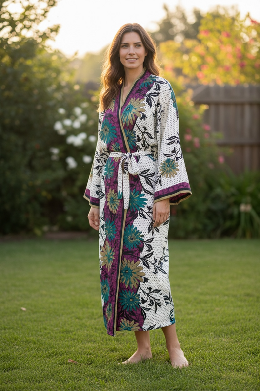 Recycle Silk Sari Women Kimono | Boho Chic Beach Cover Up Vintage Lounge Dressing Robe l Resort Wear Regal Gypsy House Robe | White Floral
