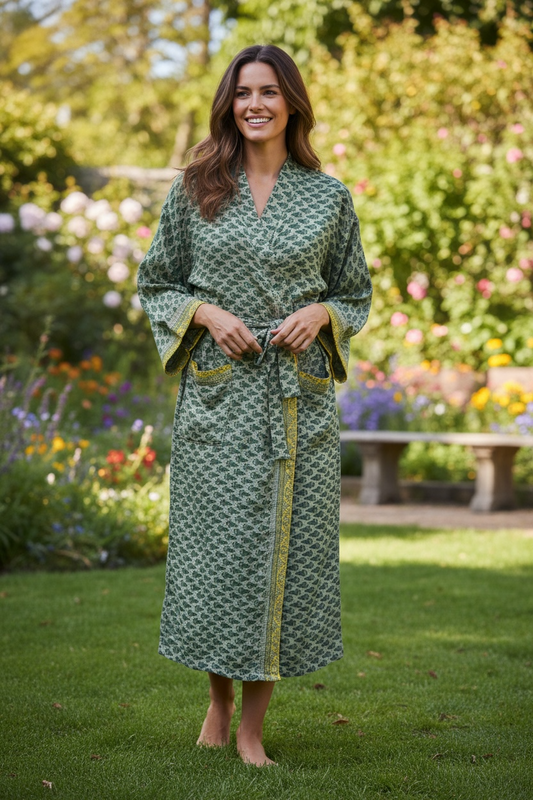 Recycle Silk Sari Women Kimono | Boho Chic Beach Cover Up Vintage Lounge Dressing Robe l Resort Wear Regal Gypsy House Robe | Green Floral