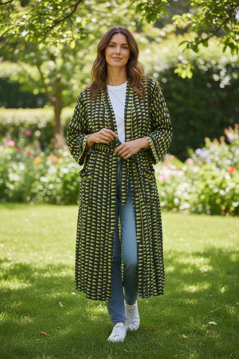 Recycle Silk Sari Women Kimono | Boho Chic Beach Cover Up Vintage Lounge Dressing Robe l Resort Wear Regal Gypsy House Robe, Green Geometric