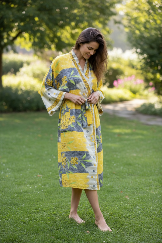 Recycle Silk Sari Women Kimono | Boho Chic Beach Cover Up Vintage Lounge Dressing Robe l Resort Wear Regal Gypsy House Robe | Yellow Floral
