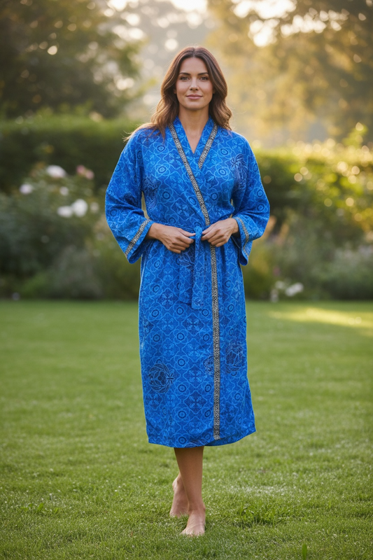 Recycle Silk Sari Women Kimono | Boho Chic Beach Cover Up Vintage Lounge Dressing Robe l Resort Wear Regal Gypsy House Robe | Blue Floral