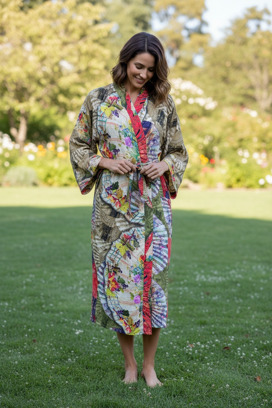 Recycle Silk Sari Women Kimono | Boho Chic Beach Cover Up Vintage Lounge Dressing Robe l Resort Wear Regal Gypsy House Robe | Beige Floral