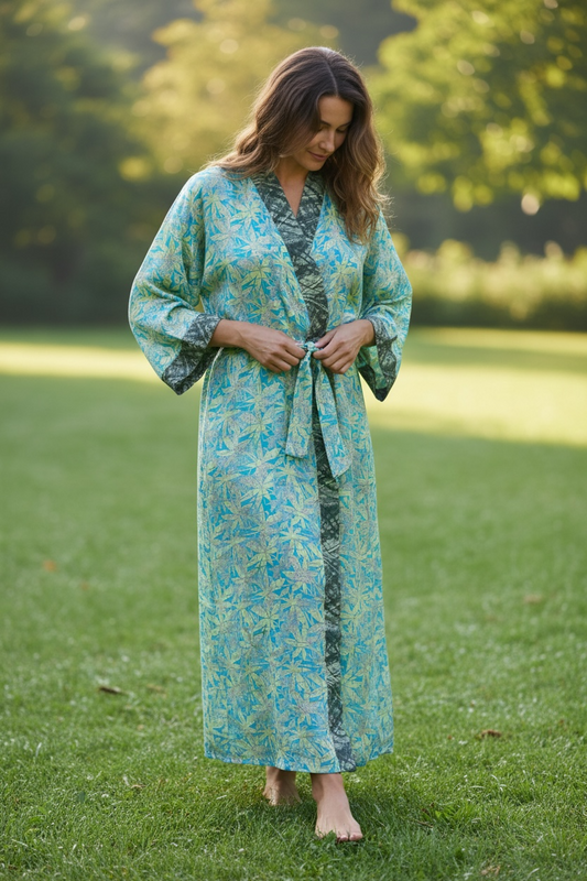 Recycle Silk Sari Women Kimono | Boho Chic Beach Cover Up Vintage Lounge Dressing Robe l Resort Wear Regal Gypsy House Robe | Yellow Floral