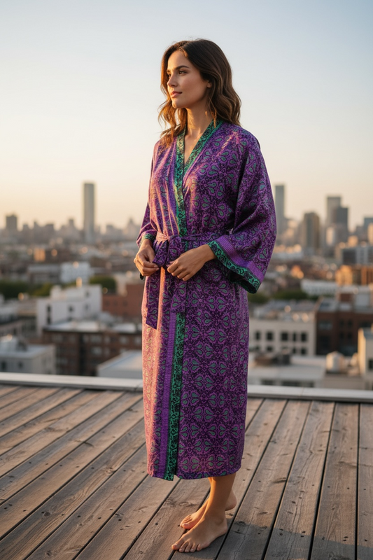 Recycle Silk Sari Women Kimono | Boho Chic Robe House, Beach Cover Up Vintage Bridesmaid Lounge Dressing Gown l Resort Wear Gypsy Nightwear