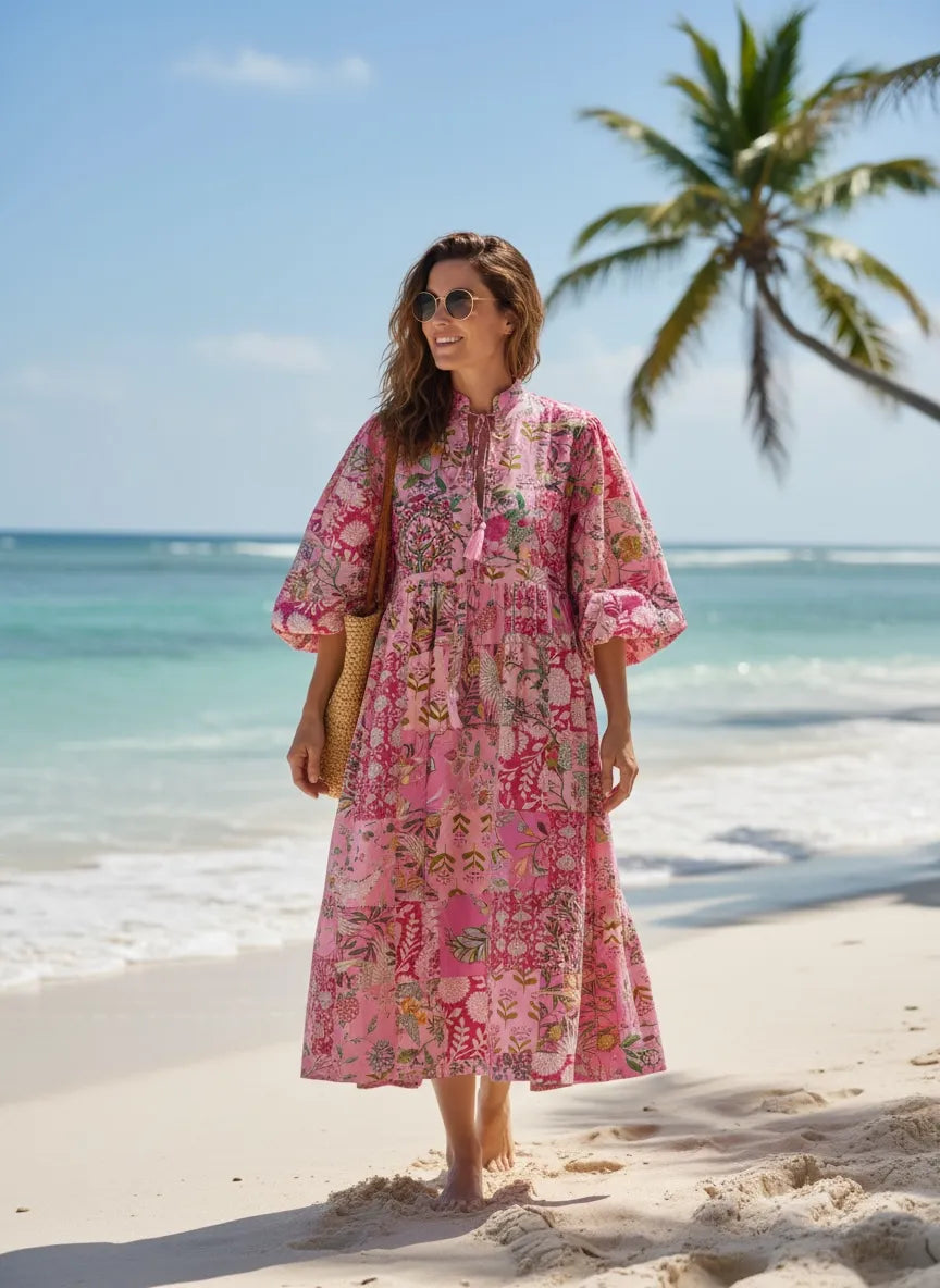pink boho maxi dress LOLA BOHEMIAN HALTER short sleeves and button Boho Maxi Dress With Sleeves